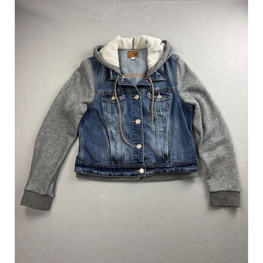 American Eagle Hooded Denim Trucker Jacket Women's Large Gray Knit Sleeves
